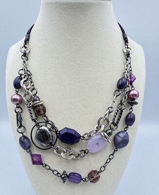 Lia Sophia  Purple Haze  Multi Strand Glass Cats Eye Acrylic Beaded Necklace