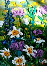 Original Artwork Wildflowers Flowers Oil Painting Abstraction Impasto 7 by 5 "