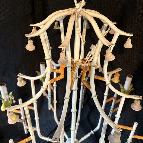Large Vintage Faux Bamboo Pagoda Hollywood Regency 8 Light Chandelier W Bells - Picture 3 of 17