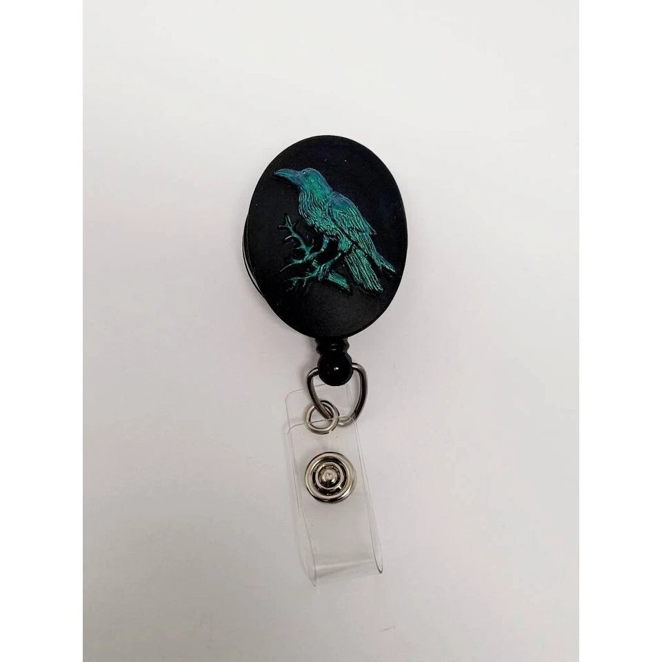 Carrete de insignia de cuervo cuervo verde retráctil para hombres y mujeres titular de la tarjeta de identificación enfermera unisex Foto 3 de 4