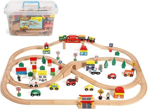 Wooden Train Set 100 Piece All in One Wooden Toy Train Tracks Set with Magnet...