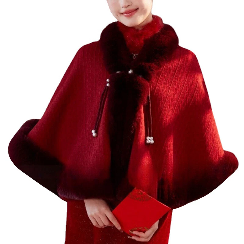 Mujeres Niñas Linda Capa Capa Invierno Polar Abrigo Poncho Cuello Felpa Qipao Top Foto 4 de 4