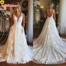 Sexy White Wedding Dresses V-Neck Backless Sweep Train Lace Applique Bridal Gown