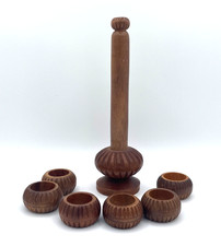 Vintage Carved Boho Wood Napkin Ring Set with Stands MCM Philippines 7pc Set