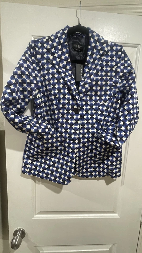 Blazer de trabajo Kate Spade New York azul y blanco estampado geocircular, talla 4 Foto 3 de 4