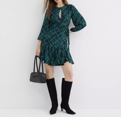 Loft Plaid Keyhole Godet Flare Dress Green Blue Office Evening Work Wear Size 10