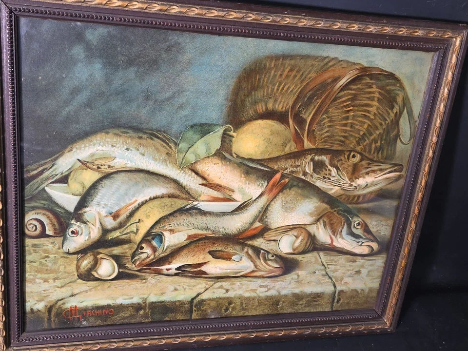 Ancienne chromolithographie Nature Morte Poissons Signé Italie XIXème - Photo 2/4