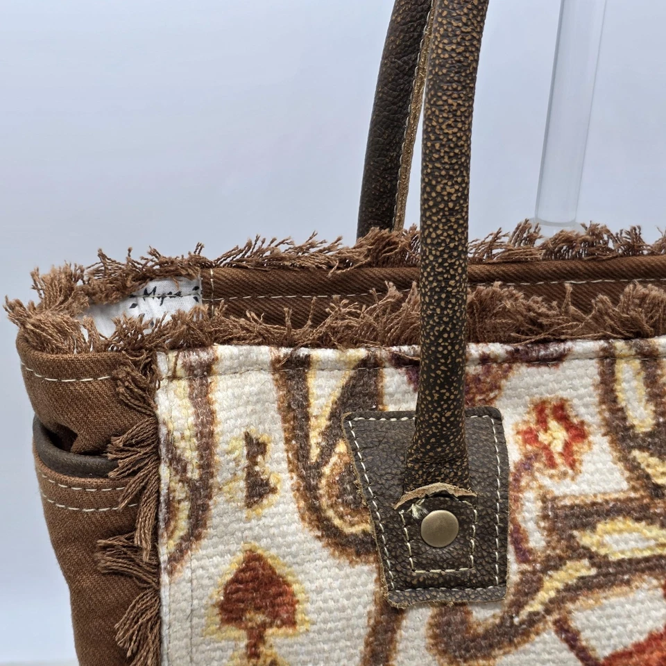 Bolso de Mano Myra Bolso de Mano Mujer Marrón Lona Cuero Borde Tapiz Boho Cremallera Top Foto 3 de 4