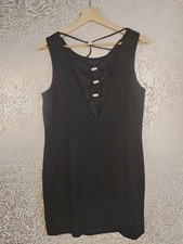 Vintage Y2K 00's Bodycon Glam Rhinestone Cross Strap Little Black Dress UK 14-16