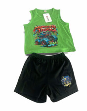 PatPat Boys Size 10 Green/Black 2pc Tank Top  Shorts Set Monster Trucks