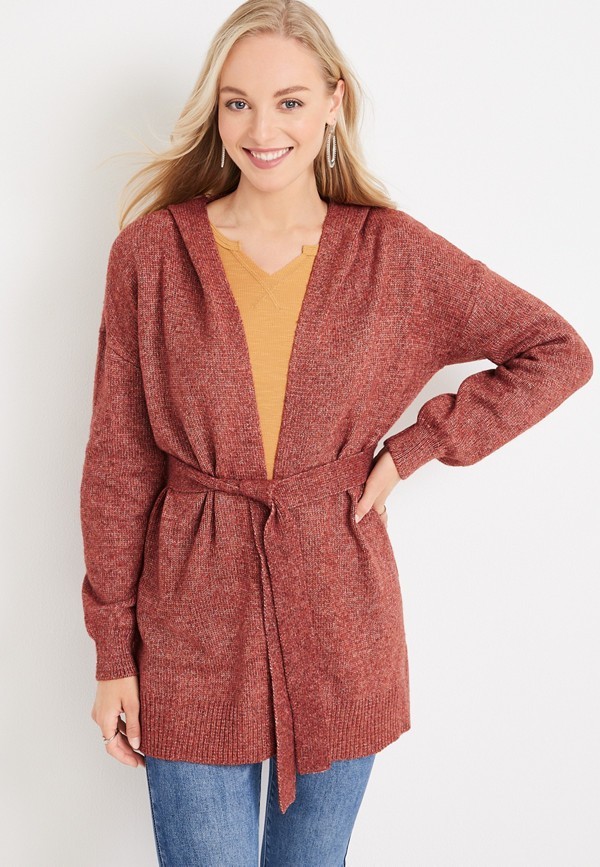 Maurice's Hooded Waist Tie Womens Size 1X Open Front Sweater Cardigan w/Belt