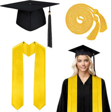 Black Graduation Cap 2025 Set with Tassel, Gold Honor Cord and Graduation Stole,