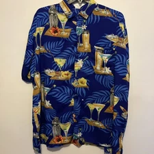 VTG Paradise Found Martinis Hawaiian Shirt Mens xxl silk feel Cocktails  blue