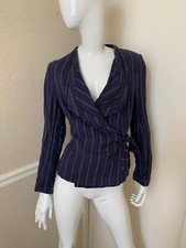 Jaeger New! 100% Linen Navy Blue Striped Wrap Tie Jacket Sz Uk 10 Nwot!
