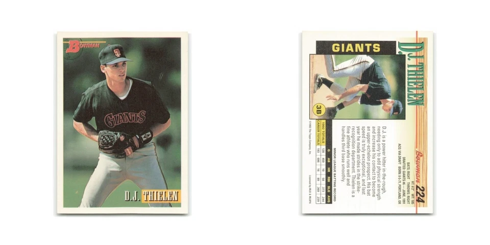 D.J. Thielen Rookie 1993 Bowman #224 San Francisco Giants Baseball Card NM - Image 3 of 3
