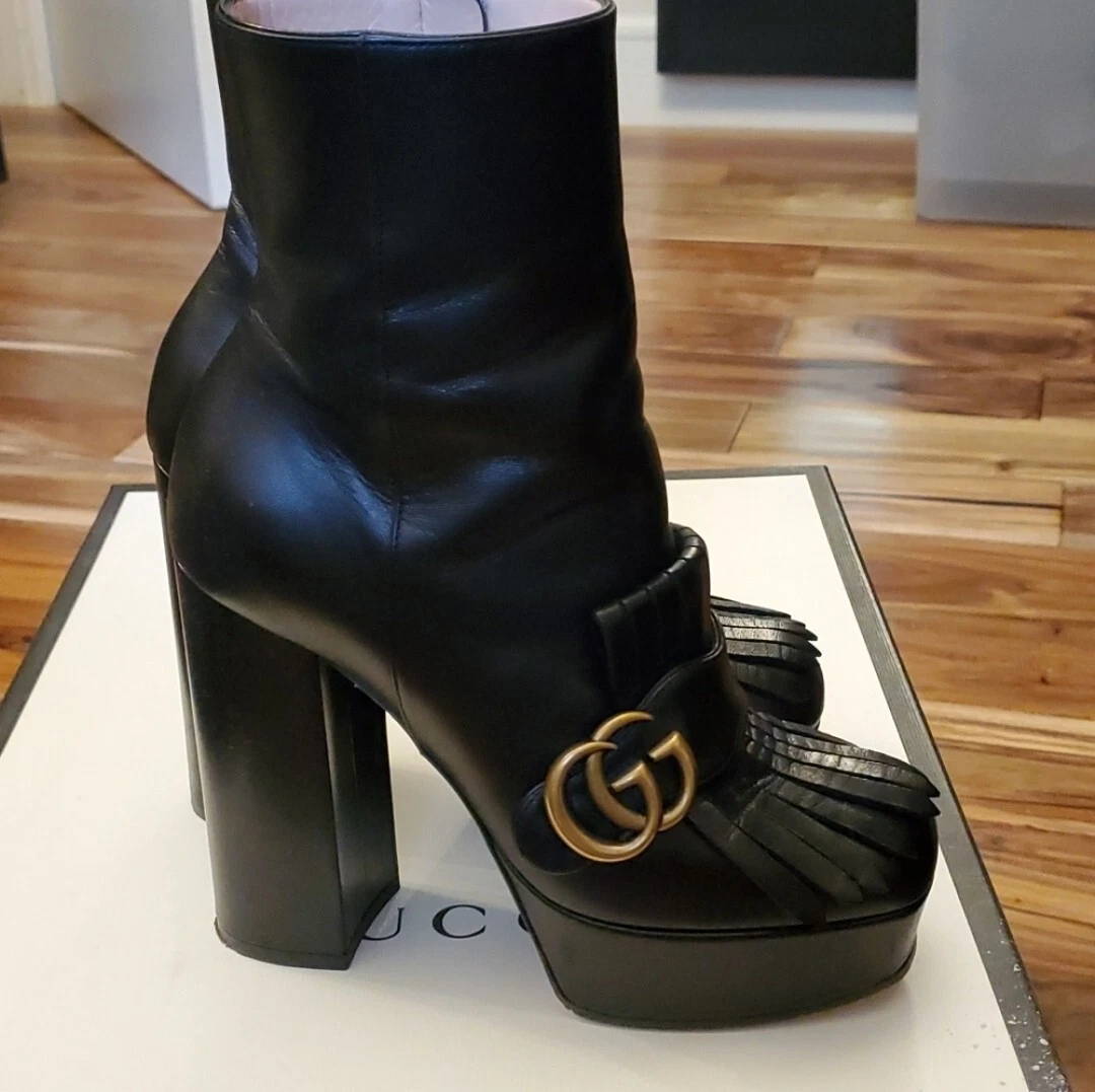Auth Gucci Marmont Fringe Platform Black Leather GG Boots 35
