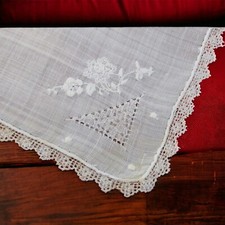 White Linen Crocheted and Embroidered Handkerchief