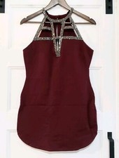 Necessary Clothing Burgundy Mini Cage Front Beaded Dress Keyhole Party Womens M 