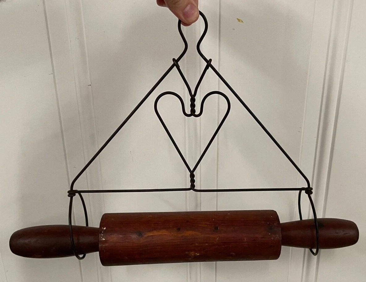 Antique Primitive Wooden Rolling Pin & Twisted Wire Wall Hanger Home Decor