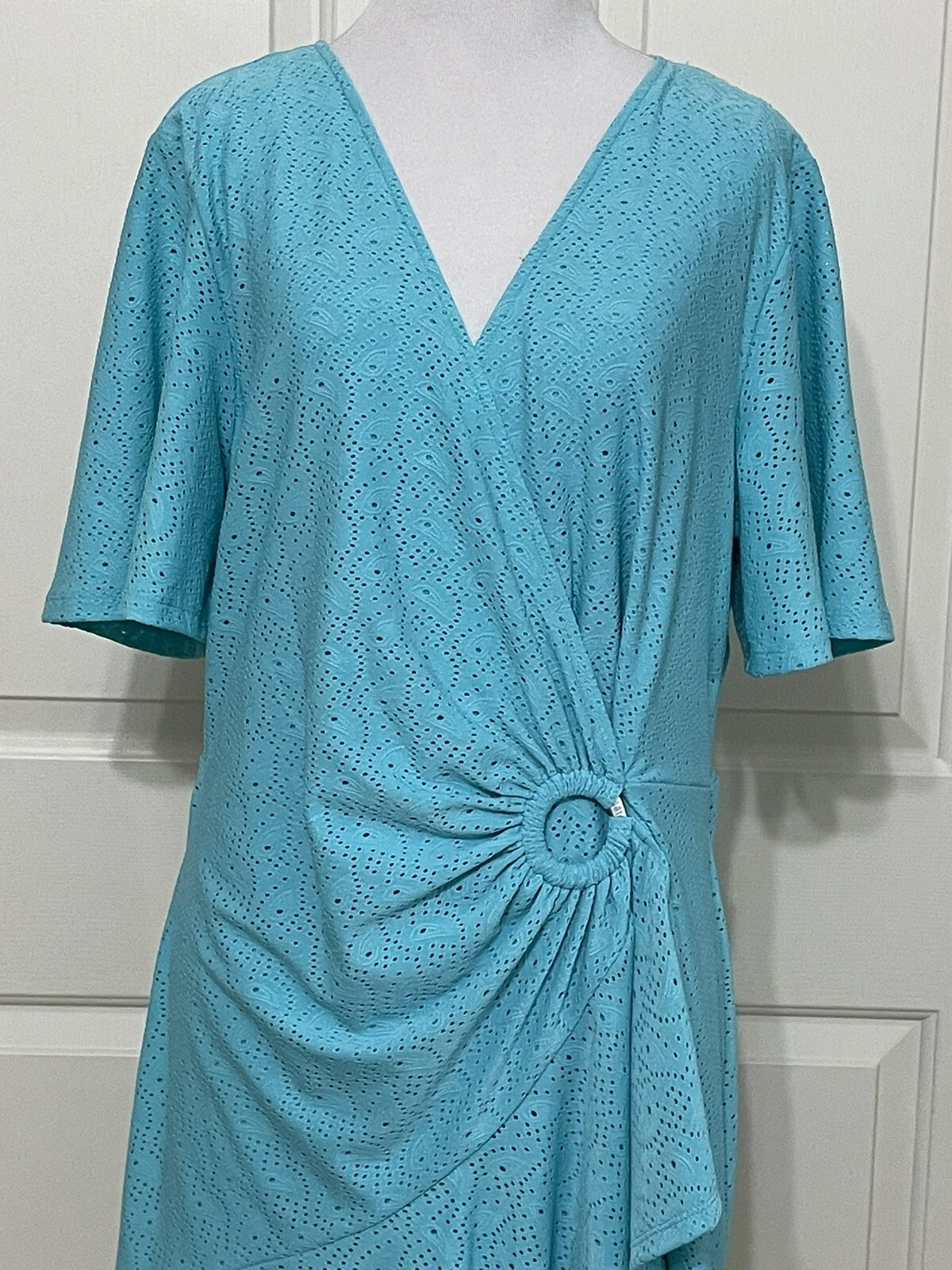 Abito Michael Kors taglia XL turchese manica corta volant aderente e svasato $155 nuovo con etichette