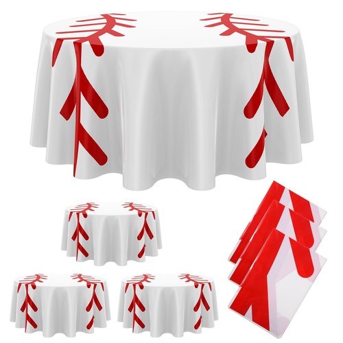 6 Pcs Round Baseball Tablecloth 84" Plastic Red White Baseball Tablecloth Dis...
