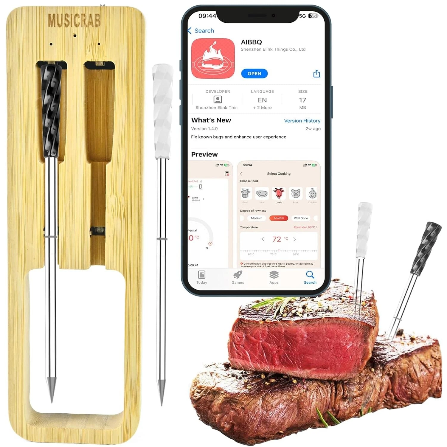 Wireless Meat Thermometer for Grilling and Smoking, Waterproof Multi Sensors Foo