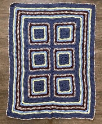 Granny Square Afghan Throw Blue Brown Yellow Homemade Cottagecore 36x48