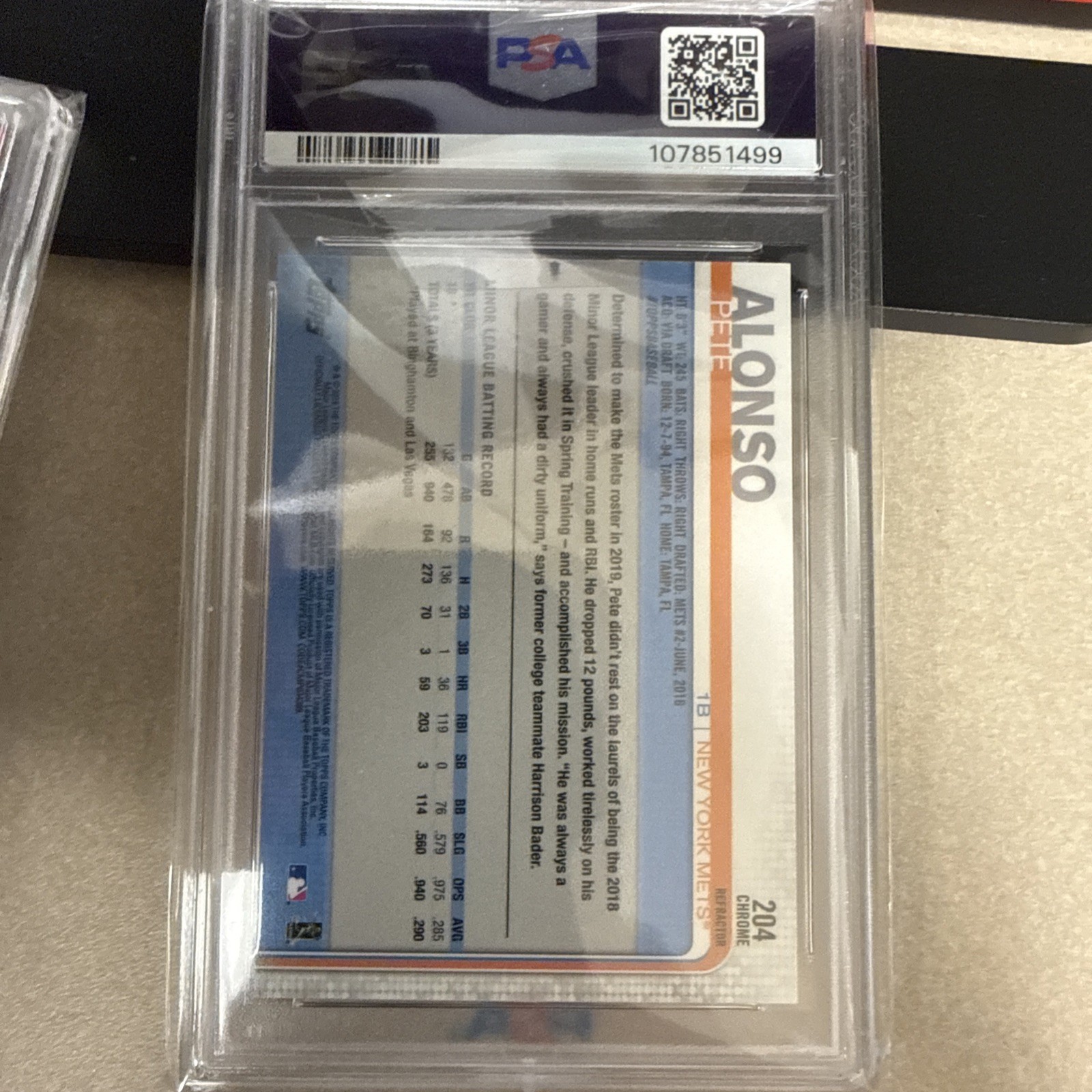2019 Topps Chrome Refractor #204 Pete Alonso Mets RC Rookie PSA 10 GEM MINT view 2