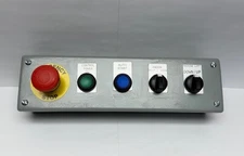 Hoffman Enclosure with E-stop, power on, auto start, Andon, Machine Lift Buttons