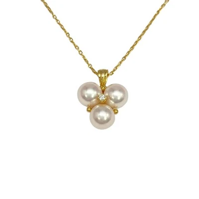 Authentisch MIKIMOTO 3 Perlen Diamant Kette 18K Gelbgold 750 3,9g 6,6mm - Bild 1 von 4