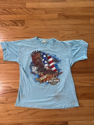 Vintage Harley Davidson Follow The Eagle 3D Emblem Single Stitch T-shirt Blue