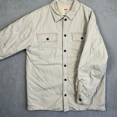 Levis Jacket Men XL Beige Tan Fleece Lined Button Up Ripstop Utility Flap Pocket