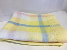Vintage Beacon USA MADE yellow Blue And Pink Plaid Baby Blanket With Yellow Trim