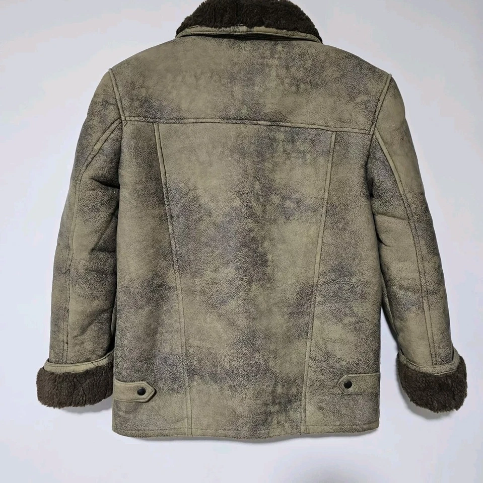 Men's Sheepskin Leather M-L Brown Green Bomber Winter Aviator Flying Coat Jacket - Image 2 of 4