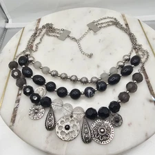 Multi-Strand Beaded Statement Necklace Silver Tone Charms Faceted Beads Layered