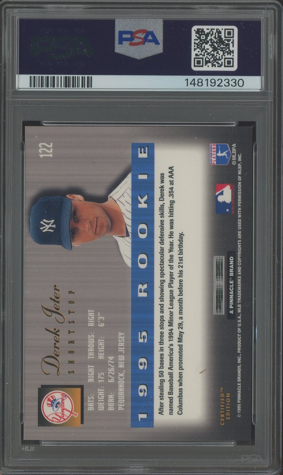 1995 Select Certified Derek Jeter Card #122 Yankees RC Rookie HOF PSA 9 MINT view 2