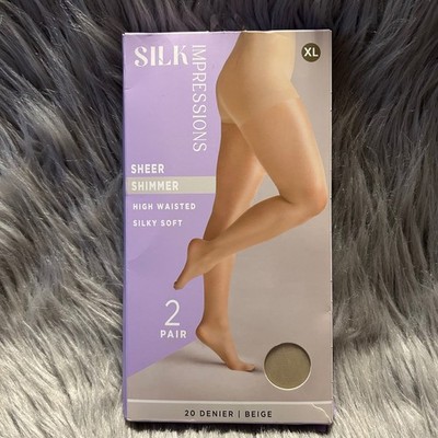 Silk Impressions Sheer Shimmer Tights Womens Size XL Beige High Waist Silky Soft