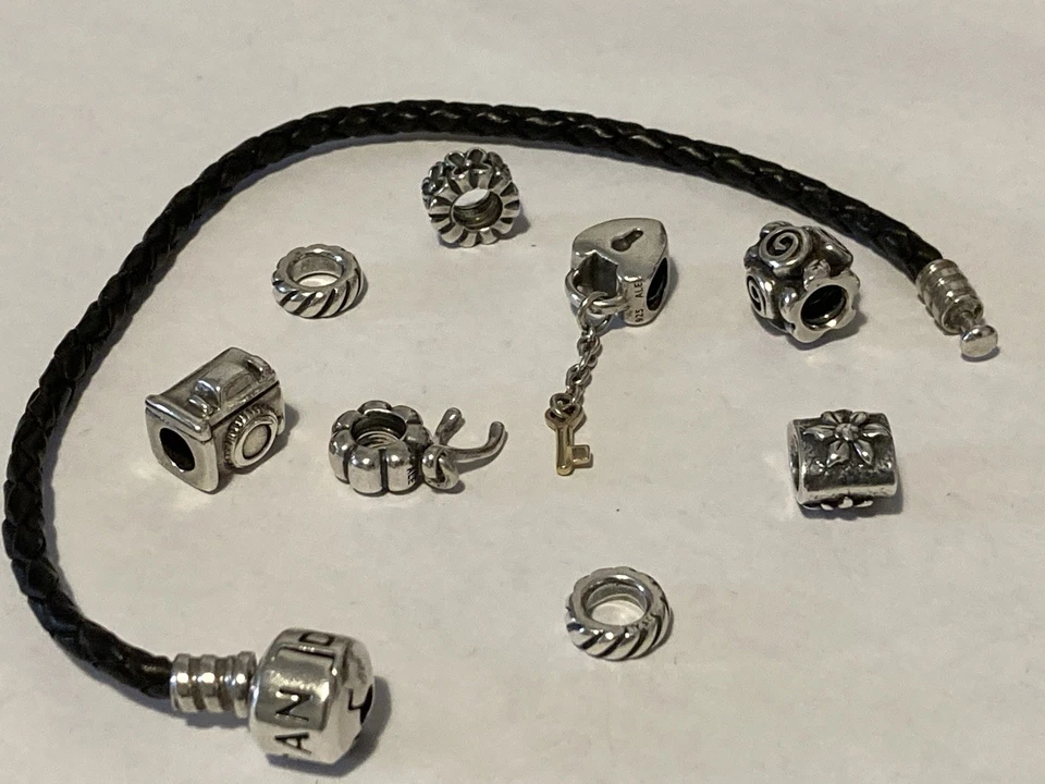 Pandora 18cm Black Leather Bracelet with 8 Charms & Spacers. - Image 2 of 4