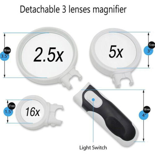 Hand-Held 2.5X/5X/16X Magnifying Glass Zoomer Magnifier Loupe 2LED Lamp Fashion - Picture 3 of 11