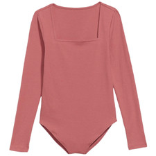 Rib Knit Bodysuit 4X Size 28/30 Dusty Red Stretch Long Sleeve Square Neck NWT