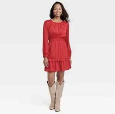 New Women's Long Sleeve Satin Dress - Knox Rose Red L