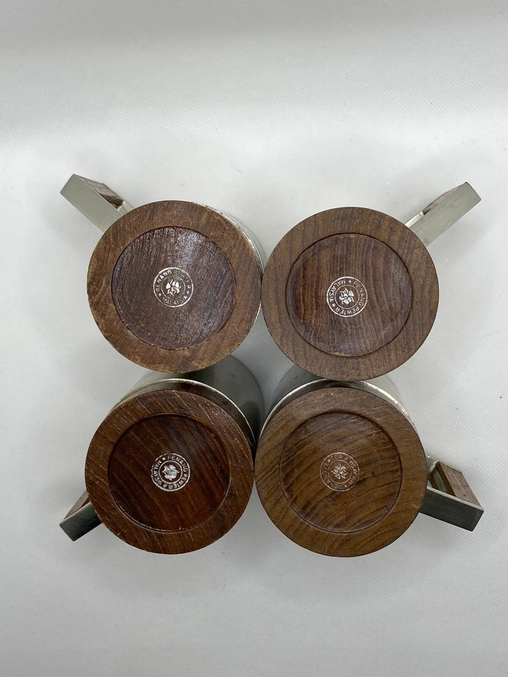 Mugs x4 Teak and Pewter 12oz with handles, sailboat & palms TIKI MCM VTG 1970s Foto 3 de 4