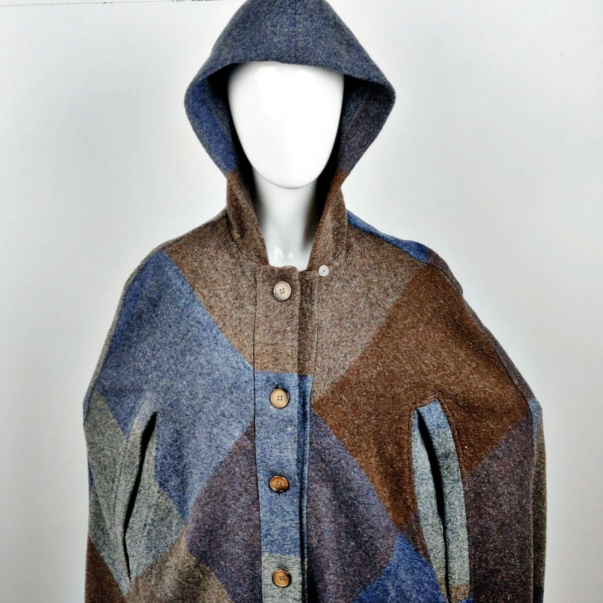 Vintage 1960s Wool Large Check Cape Coat Long Blue Brown Buttons