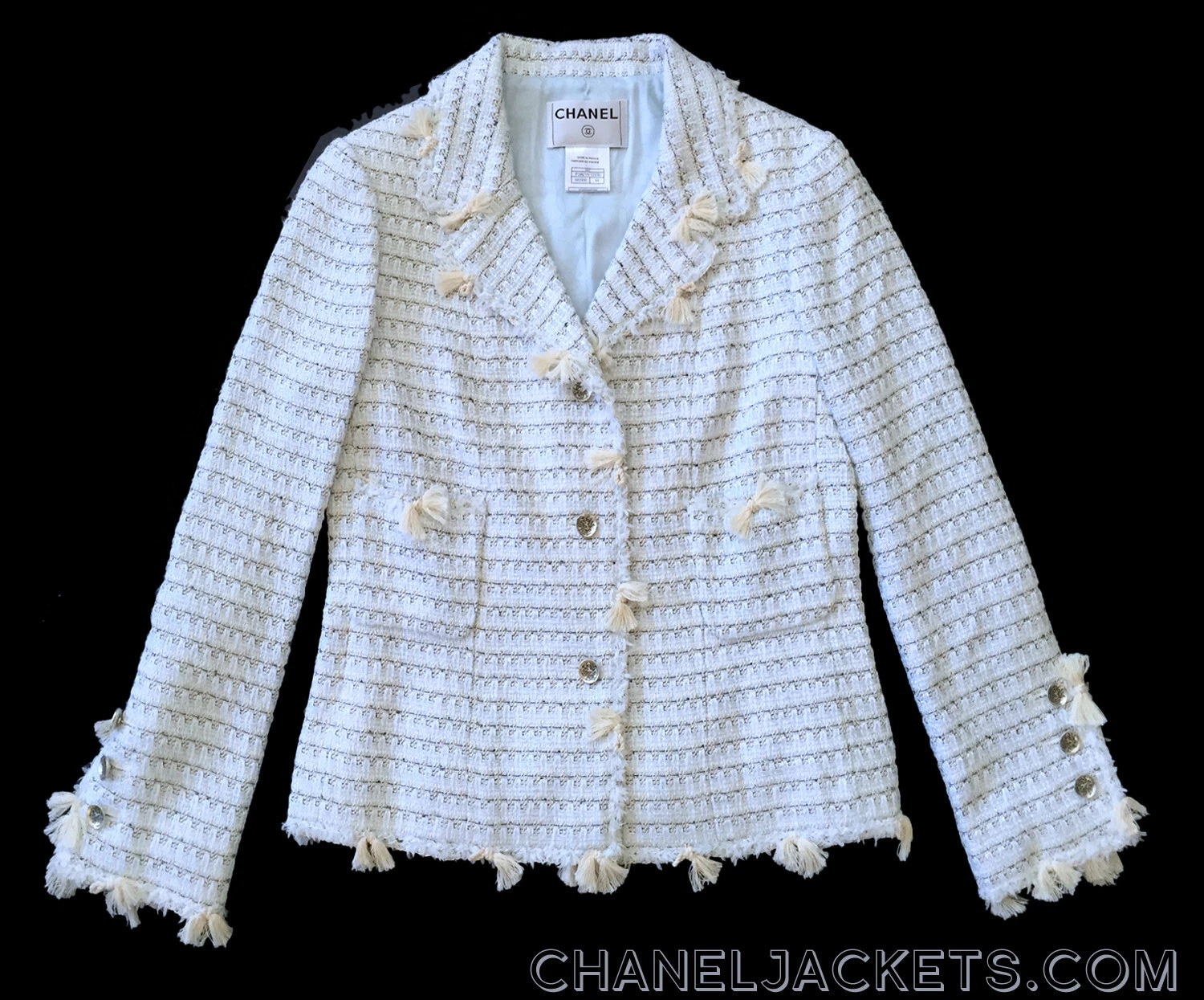 $5.850 GIACCA CHANEL bianca blu ciuffo frange tweed * FR 42 44 US 6 8 ~ USATA IN OTTIME CONDIZIONI
