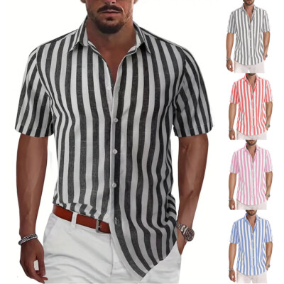 Herren Casual Kurzarm Revers Hemd Lose Button-Down Tops Party Bluse  >