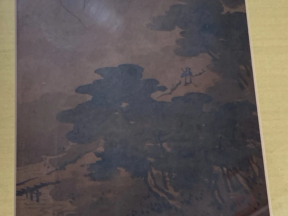 Антикварная китайская или японская акварель деревья пейзаж и фигурка - Изображение 3 из 4