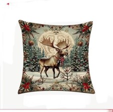 Moose Deer Elk Winter Tree Scene Christmas Throw Pillow Cover Holiday Home Decor