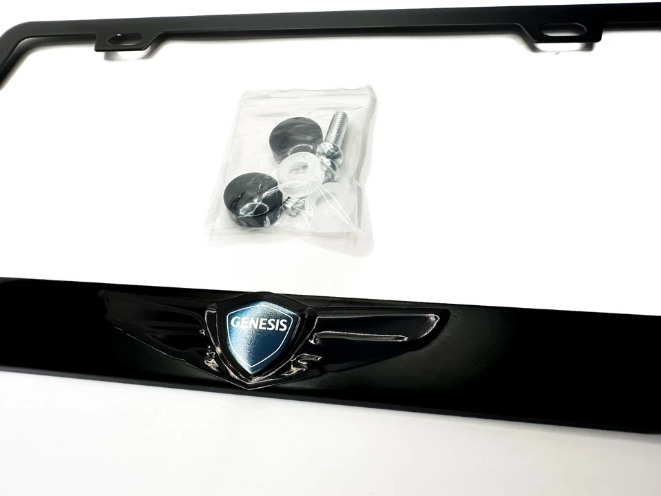 PREMIUM BLACK Genesis Wing License Plate Frame with GLOSS Logo Stainless Steel - Image 4 of 4