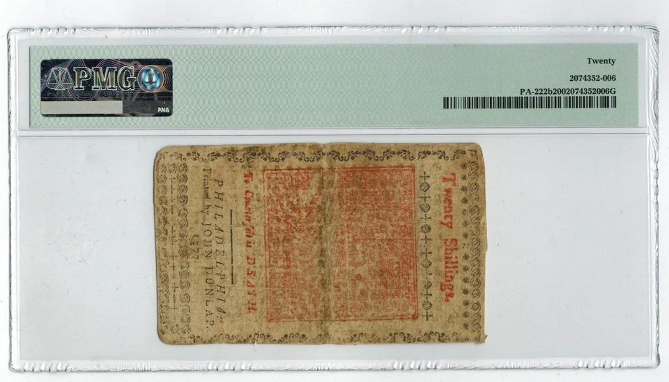 April 10 1777 PENNSYLVANIA 20 Shillings Colonial Currency PMG VF20-Red & Black - Image 2 of 2