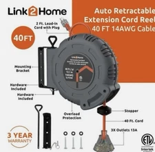Link2Home, 40' Wall Retractable Reel & 14/3 Cord | 3 x Outlets 13A
